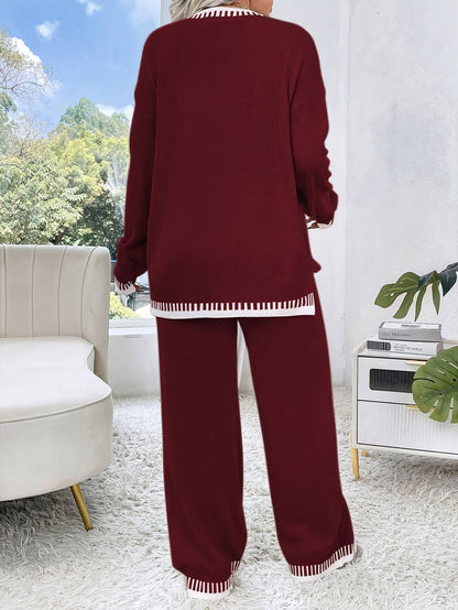 Plus Size Damen Outfit – Braun & Colorblock Sweater & Hose Set | Stretch, Rundhals, Langarm, All Season Casual Look