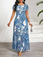 Damen elegantes bedrucktes maxikleid mit blau weißem paisley muster kurzarm rundhals sommerkleid