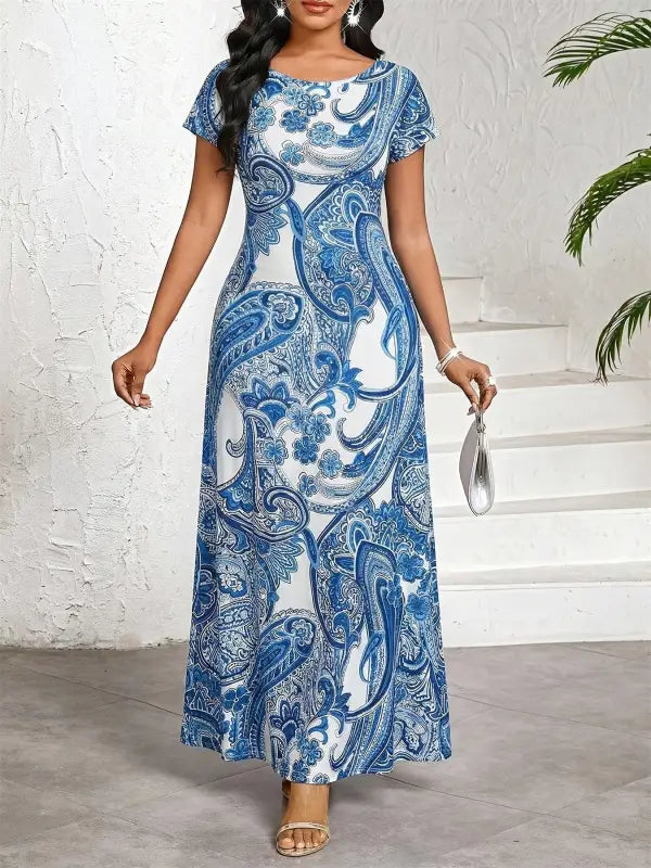 Damen elegantes bedrucktes maxikleid mit blau weißem paisley muster kurzarm rundhals sommerkleid