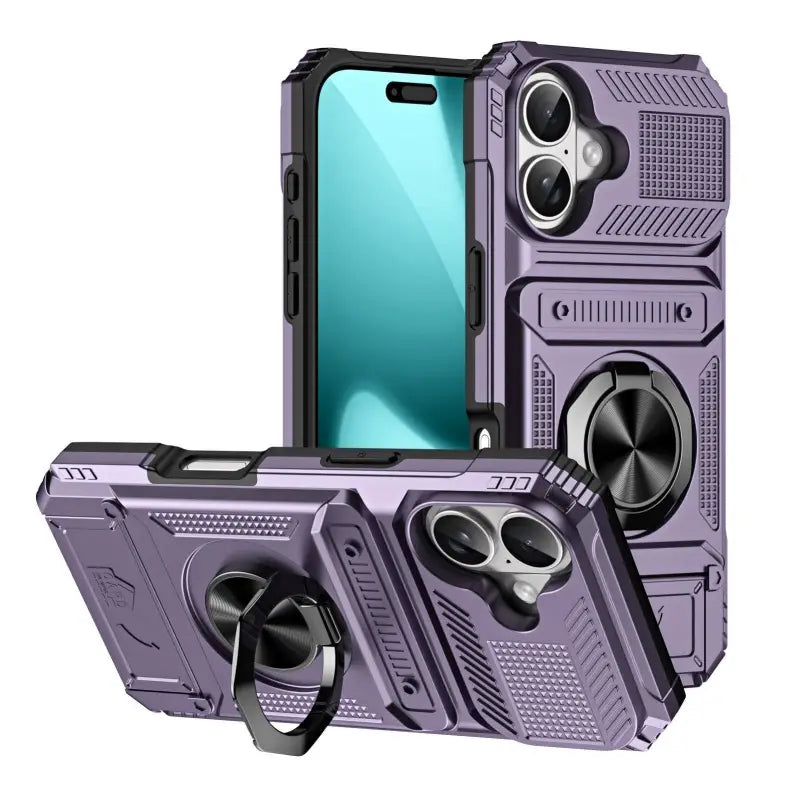 Stoßfeste handyhülle in lila mit schwarzen akzenten und integriertem metallhalter für iphone 11 bis 17 pro max online bestellen
