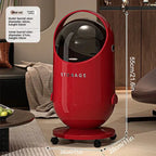 Roter 20l mülleimer mit glänzendem finish, transparentem domdeckel und schwarzen rollen für küche und büro