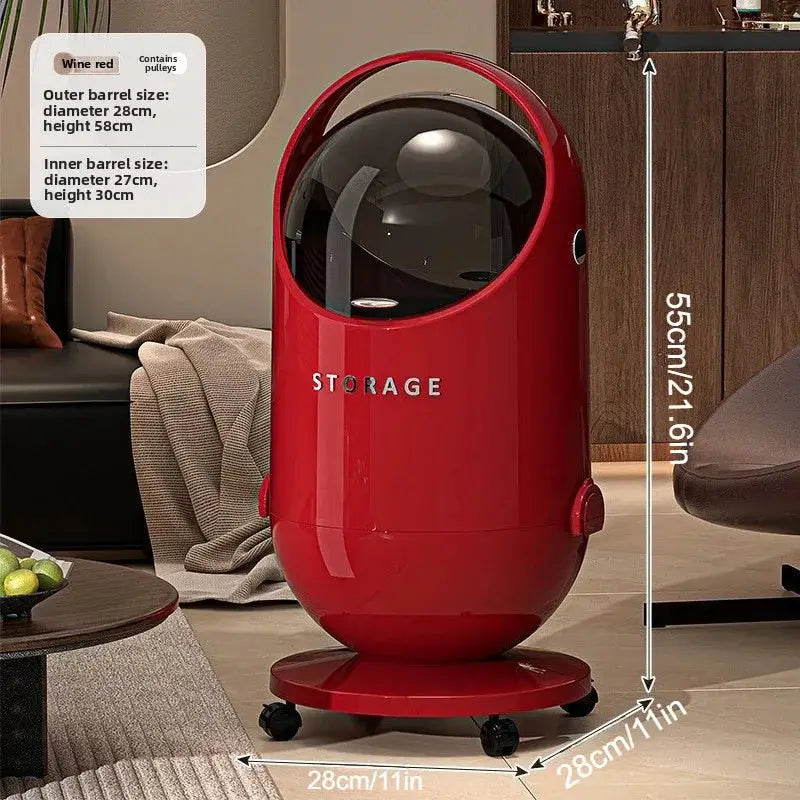 Roter 20l mülleimer mit glänzendem finish, transparentem domdeckel und schwarzen rollen für küche und büro