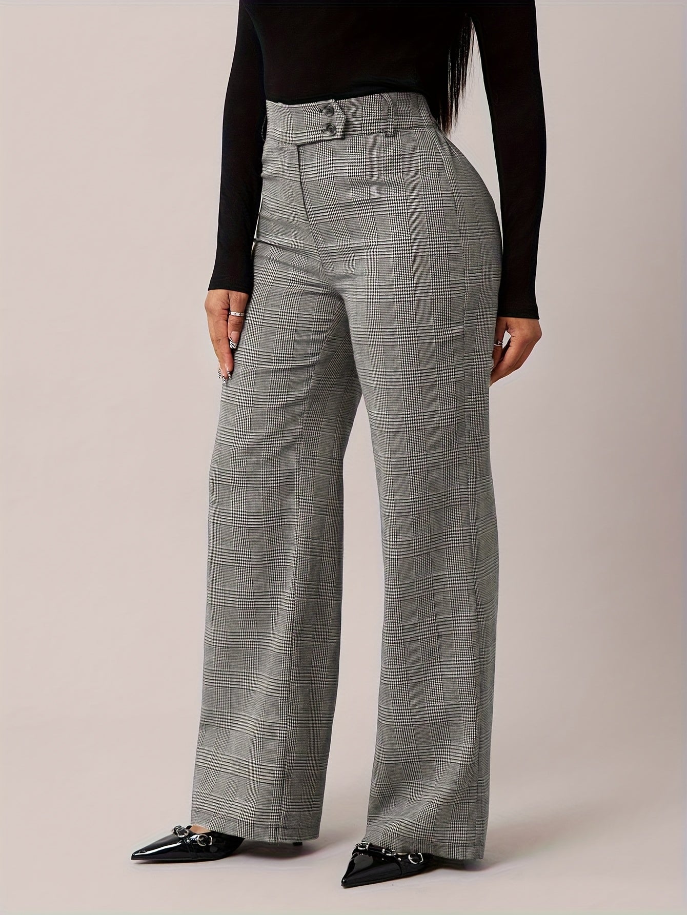 Elegante Hahnentritt Wide-Leg Hose - Damen Marlene-Hose mit Knopfdetail