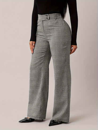 Elegante Hahnentritt Wide-Leg Hose - Damen Marlene-Hose mit Knopfdetail