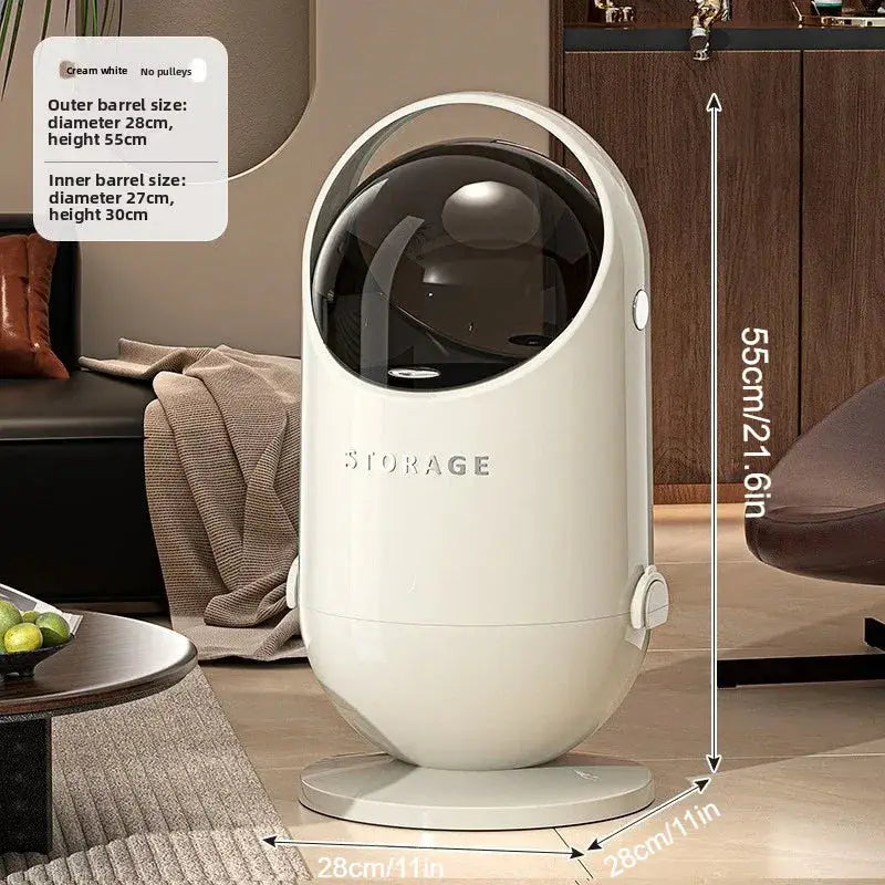 Cremeweißer moderne 20-liter-mülleimer kombiniert mit glänzend schwarzem kugelinneren und minimalistischem design