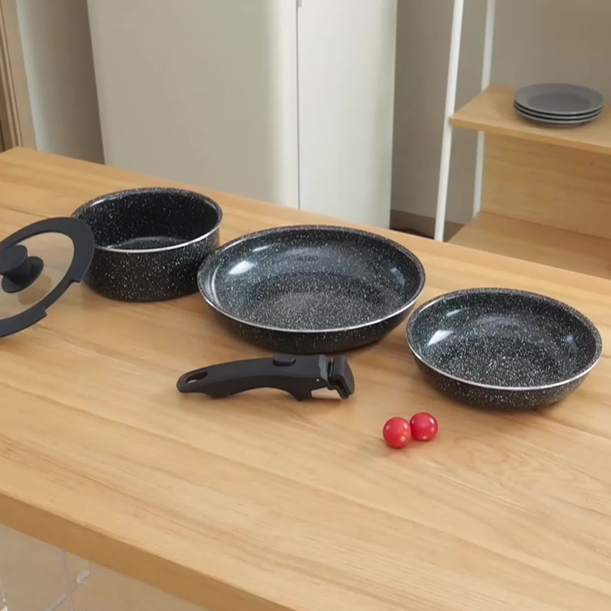 Kpxsiaion Keramik Antihaft-Kochgeschirr-Set mit abnehmbaren Griffen, induktionsgeeignet, stapelbar – Schwarz
