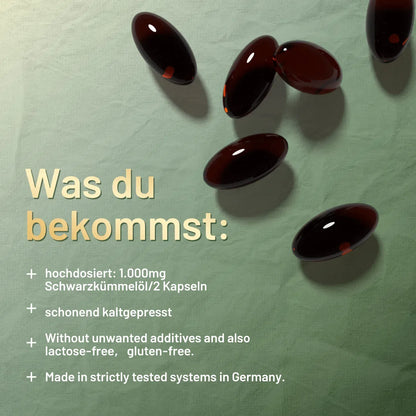 Schwarzkümmelöl Kapseln 120 Stück 1000mg Tagesdosis Immunsystem Atemwege Hergestellt in DE - FUXLShop