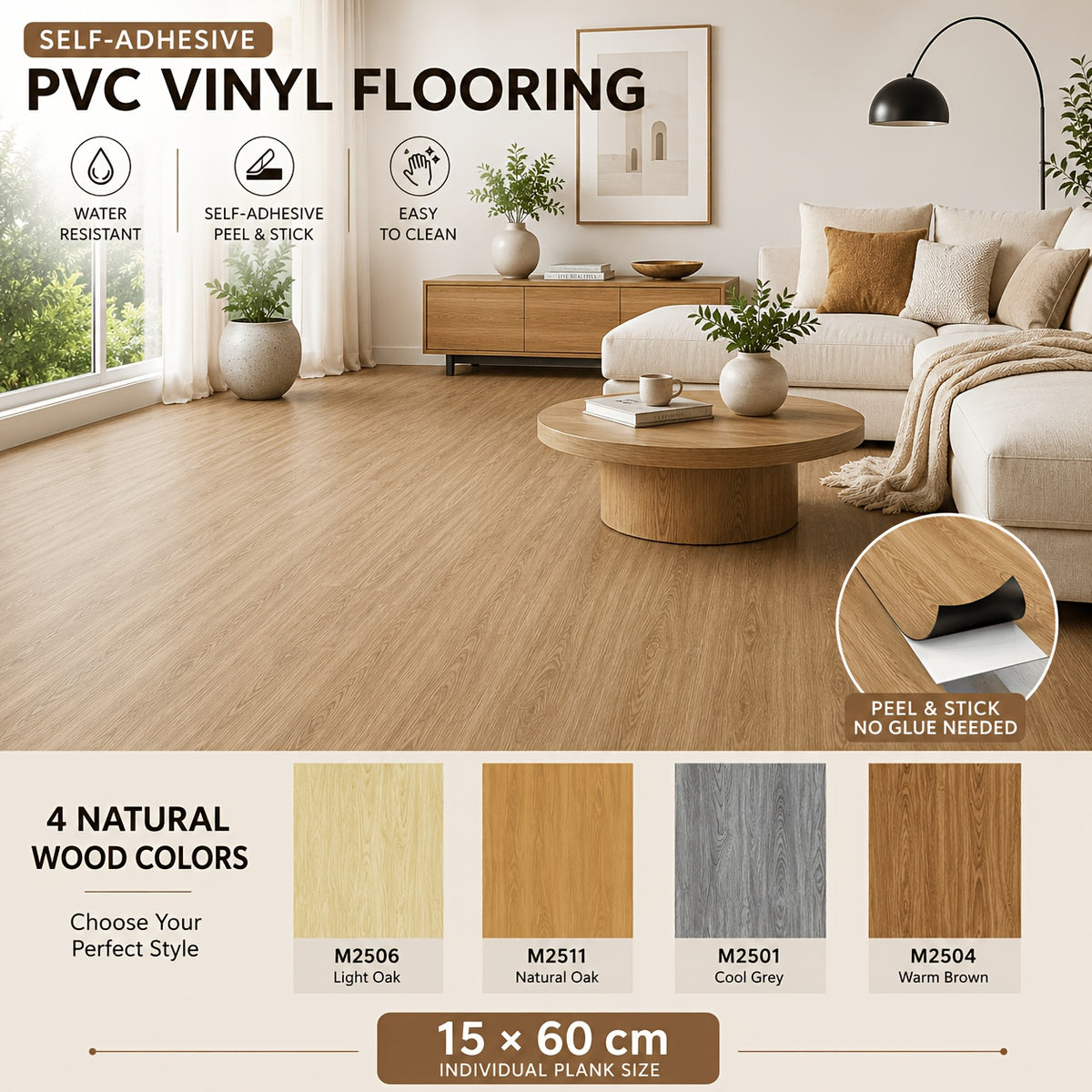 Selbstklebende PVC-Vinyl-Dielen in Holzoptik – 30 Stück, 15 × 60 cm, 2 mm, 2,7 m²