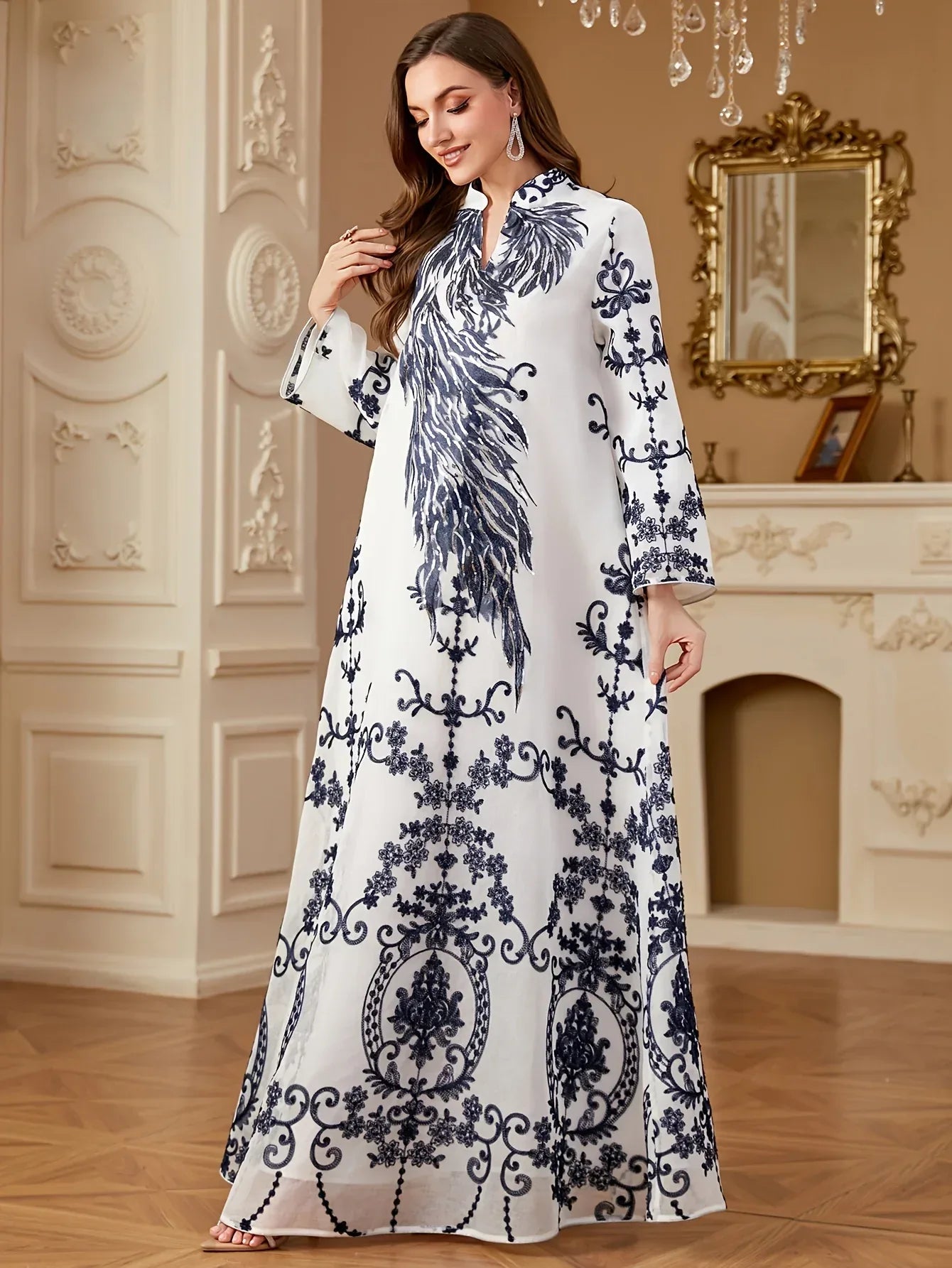 Elegantes Pailletten-Abendkleid mit Stehkragen - Langarm Maxi-Kleid für festliche Anlässe - FUXLShop