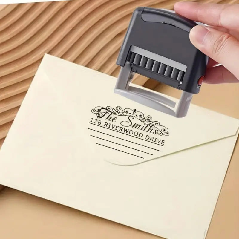 Schwarzer und grauer personalisierter adressstempel mit filigranem schriftdesign auf cremefarbenem umschlag online bestellen