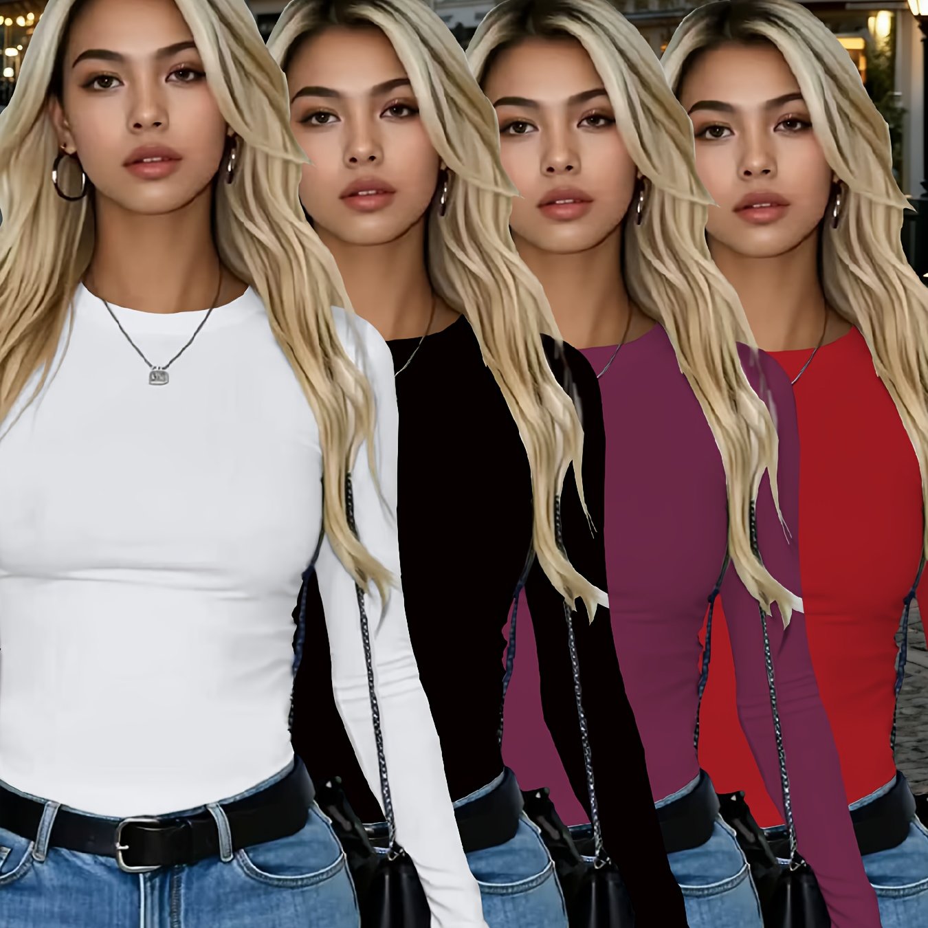 4er-Pack Damen Langarmshirts Rundhals – Stretch Basic-Tops Uni-Farben