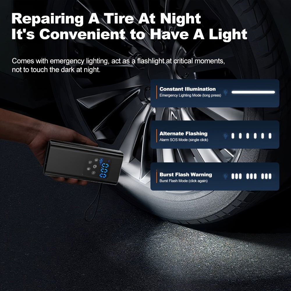 Tragbarer Luftkompressor mit 3 Akkus, LCD-Display, LED-Licht & SOS-Modus – Ideal für Auto, Motorrad & Fahrrad – Wiederaufladbar & kompakt