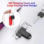 Schwarzer usb-stick 2-in-1 usb-c mit 32gb 64gb 128gb, drehbare abdeckung und großer schlüsselringloch für smartphone tv pc