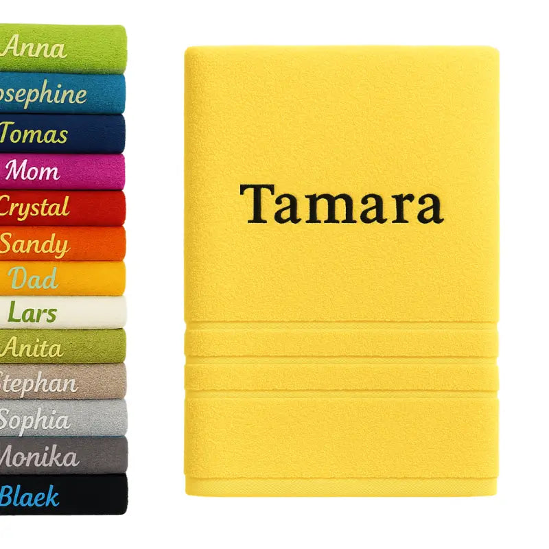 Personalisiertes badehandtuch 100% baumwolle in gelb mit name bestickt tamara und drei horizontalen streifen