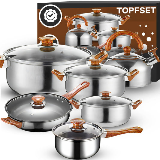 12-piece stainless steel cookware set including frying pan, pots & kettle – cookware set with glass lids for gas & ceramic hobs