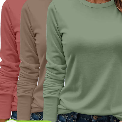3er-Set Damen Langarmshirts aus 100 % schwerer Baumwolle – weich, langlebig, maschinenwaschbar – unifarben, bequem, für Alltag & jede Saison