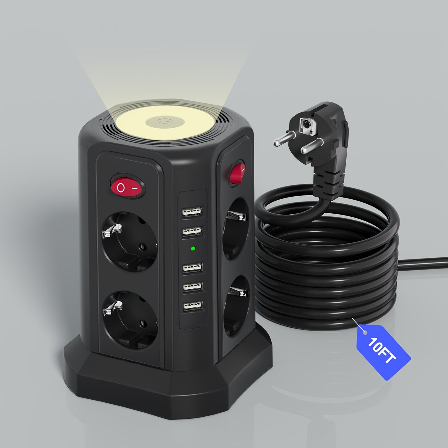 Diese 13 - in - 1 Steckdosenleiste bietet 3 Meter Kabellänge, 5 USB - A - Anschlüsse, 8 AC - Steckdosen, 4 unabhängige Schalter und ein sanftes, einstellbares Nachtlicht – perfekt für Büro, Homeoffice und Haushalt. - FUXL - Shopify