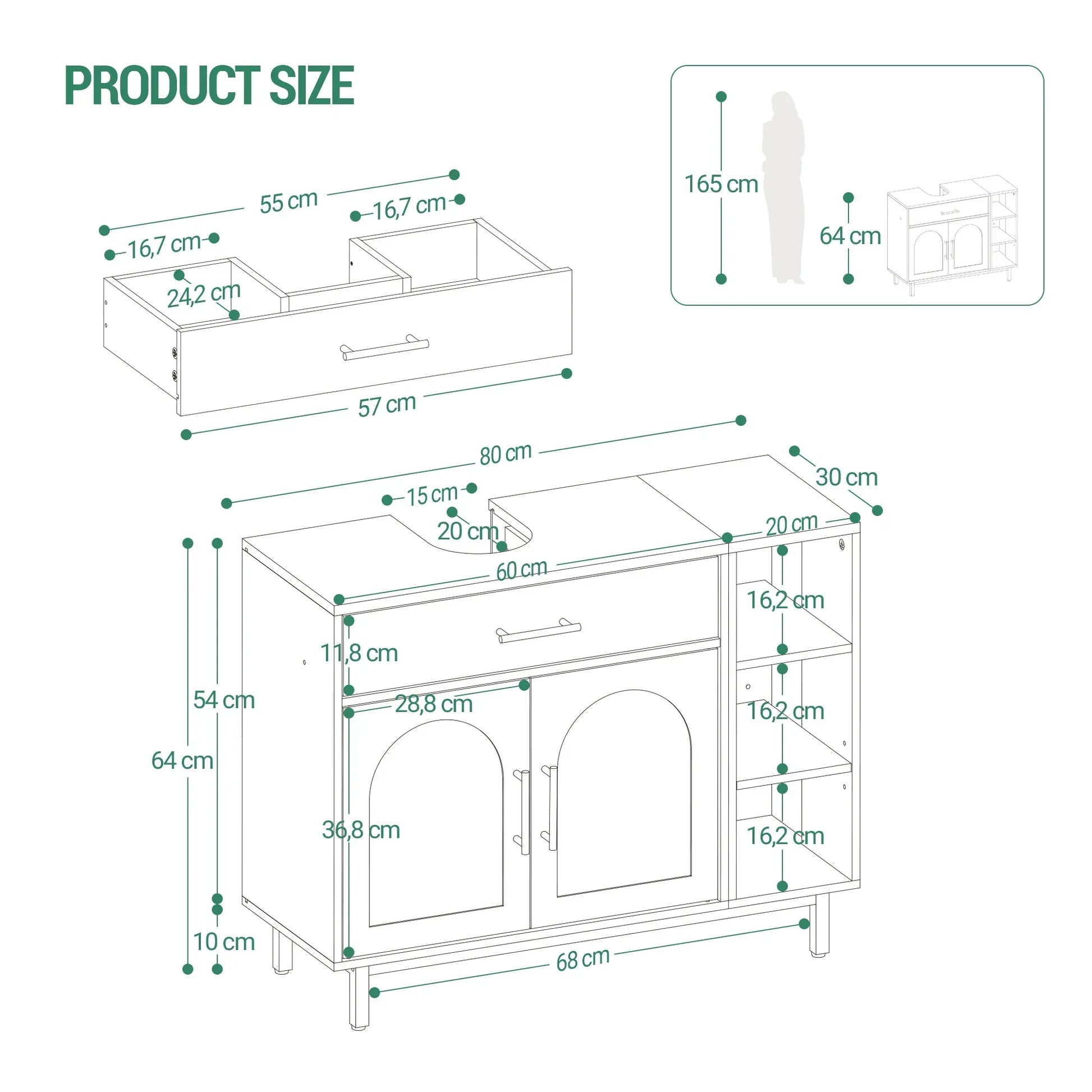Waschbeckenunterschrank 80cm – 1 Schublade, 2 Türen & offenes Regal - FUXLShop