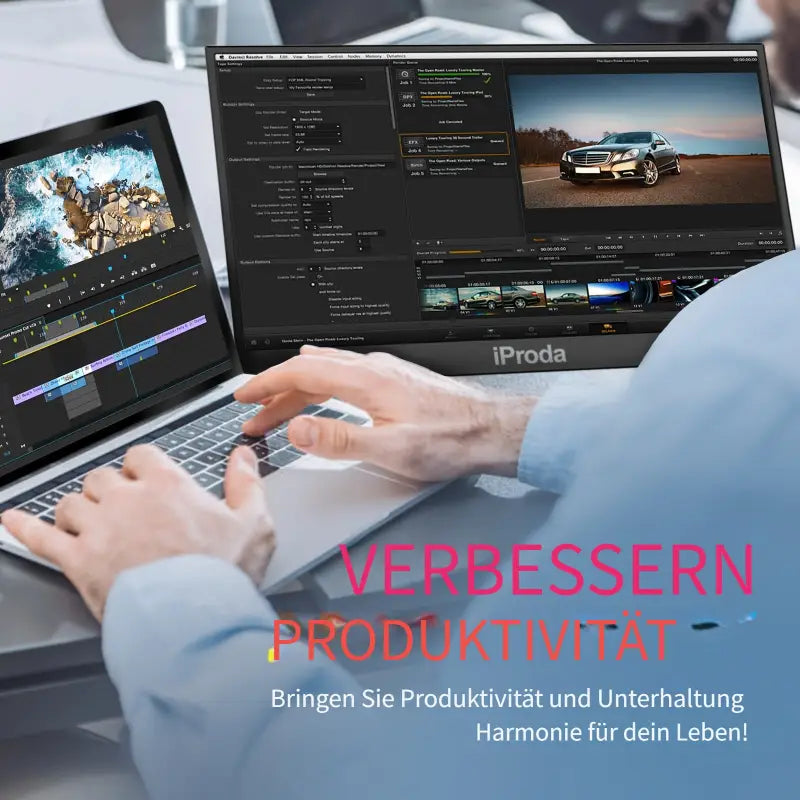 Iprona portabler monitor 18,5 zoll mit 1080p fhd ips display silberner rahmen zeigt videobearbeitungssoftware