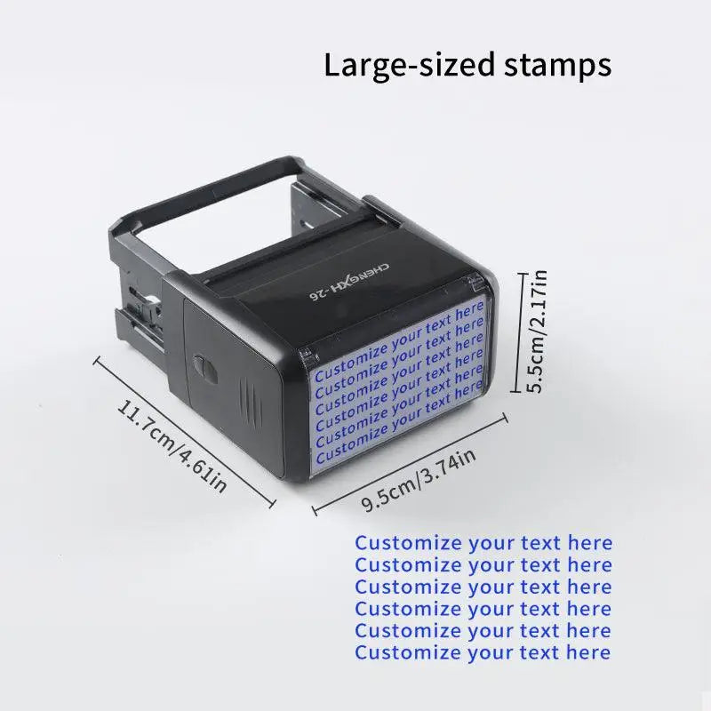 Schwarzer personalisierter textstempel groß 3,8x7,5 cm mit rechteckigem design und anpassbarem textfeld aus abs material