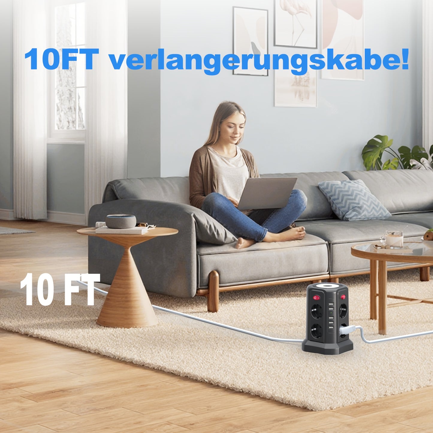 Diese 13 - in - 1 Steckdosenleiste bietet 3 Meter Kabellänge, 5 USB - A - Anschlüsse, 8 AC - Steckdosen, 4 unabhängige Schalter und ein sanftes, einstellbares Nachtlicht – perfekt für Büro, Homeoffice und Haushalt. - FUXL - Shopify