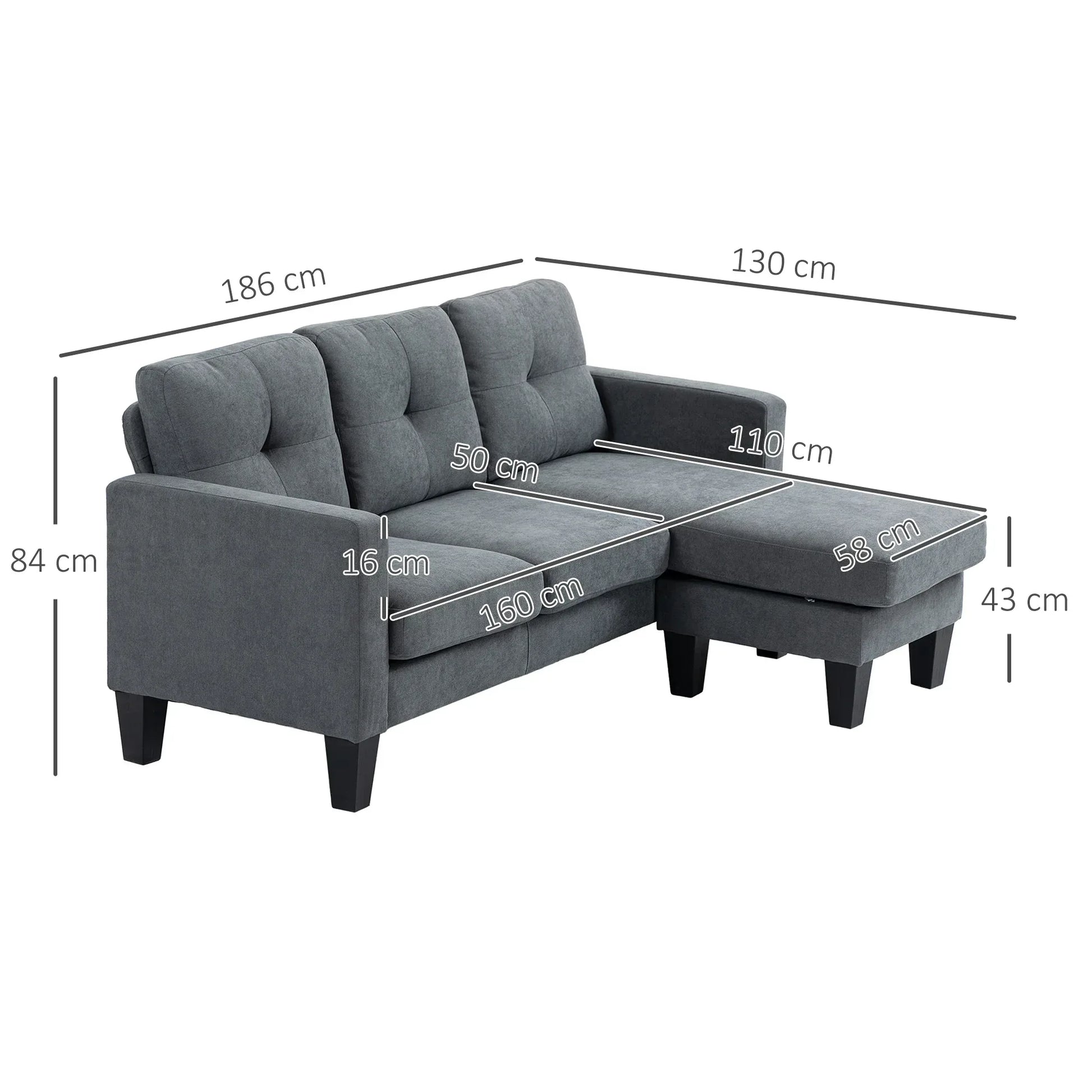 Ecksofa L-Form mit wendebarer Chaiselongue – Federkern & Schaumstoff, Leinenoptik Grau - FUXLShop