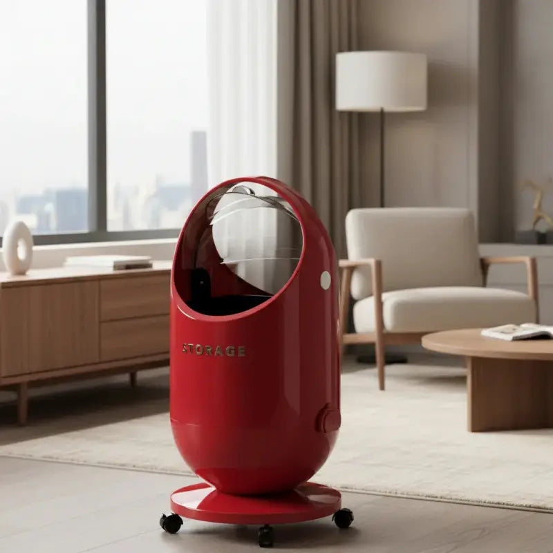Roter 20l mülleimer mit glänzendem finish, transparentem domdeckel und schwarzen rollen für küche und büro