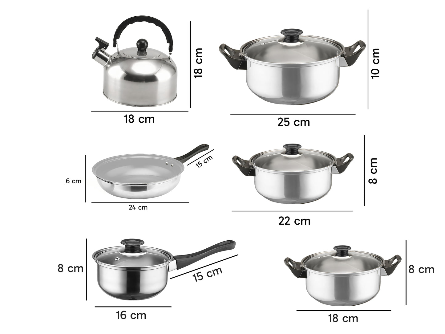 11-teiliges Edelstahl Kochgeschirr-Set - Induktion & Gas - Töpfe, Pfannen & Wasserkocher