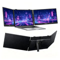 Blackview dcm5 14-zoll foldable triple monitor setup mit schlanken schwarzen bildschirmen und neon stadtlandschaft