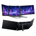 Blackview dcm5 14-zoll foldable triple monitor setup mit schlanken schwarzen bildschirmen und neon stadtlandschaft