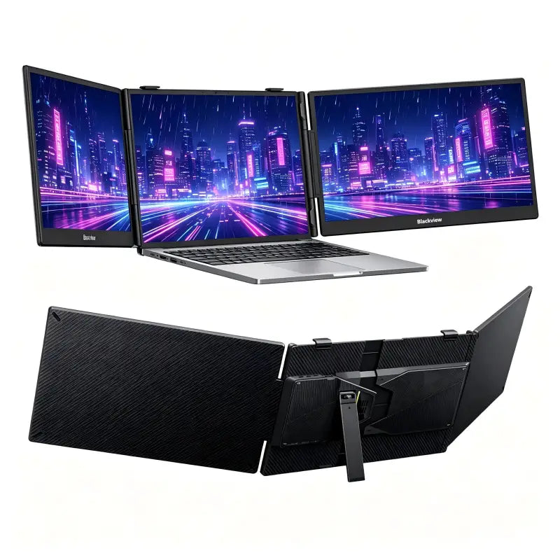 Blackview dcm5 14-zoll foldable triple monitor setup mit schlanken schwarzen bildschirmen und neon stadtlandschaft