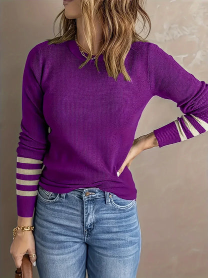 Damen Langarm-Top Color-Block – Weicher Rundhals Pullover mit Streifen, Bequem & Elegant für Frühling, Herbst & Winter - FUXLShop