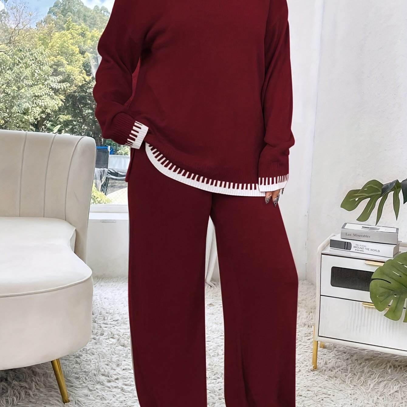 Plus Size Damen Outfit – Braun & Colorblock Sweater & Hose Set | Stretch, Rundhals, Langarm, All Season Casual Look