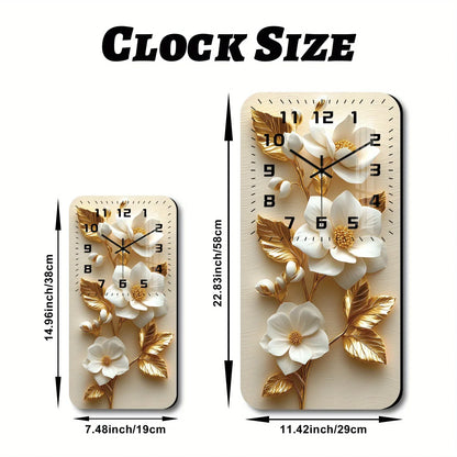 Wanduhr Holz mit Kristall - Weiße Magnolien & Goldene Blätter - Lautlos 19x38cm - FUXLShop