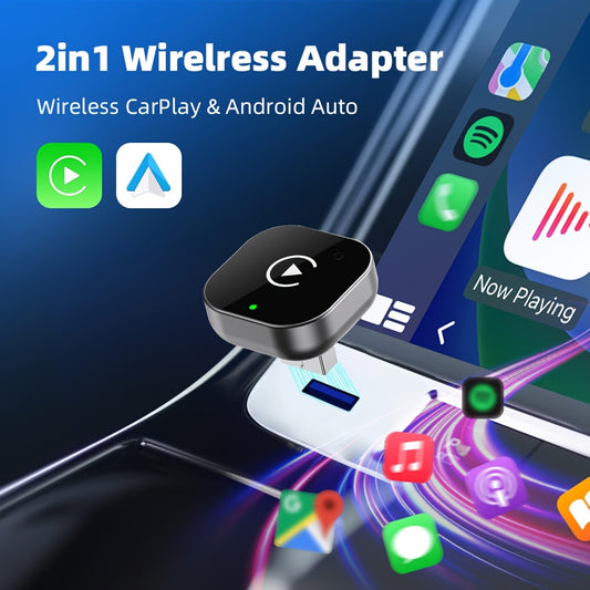 Kabelloser CarPlay & Android Auto Adapter mit USB/USB-C  
Kompakter Plug & Play Auto-Adapter ohne Akku  
2-in-1 Wireless Adapter für iPhone und Android im Fahrzeug  
Auto-Interface mit 0,5 s Latenz und WiFi-Unterstützung
