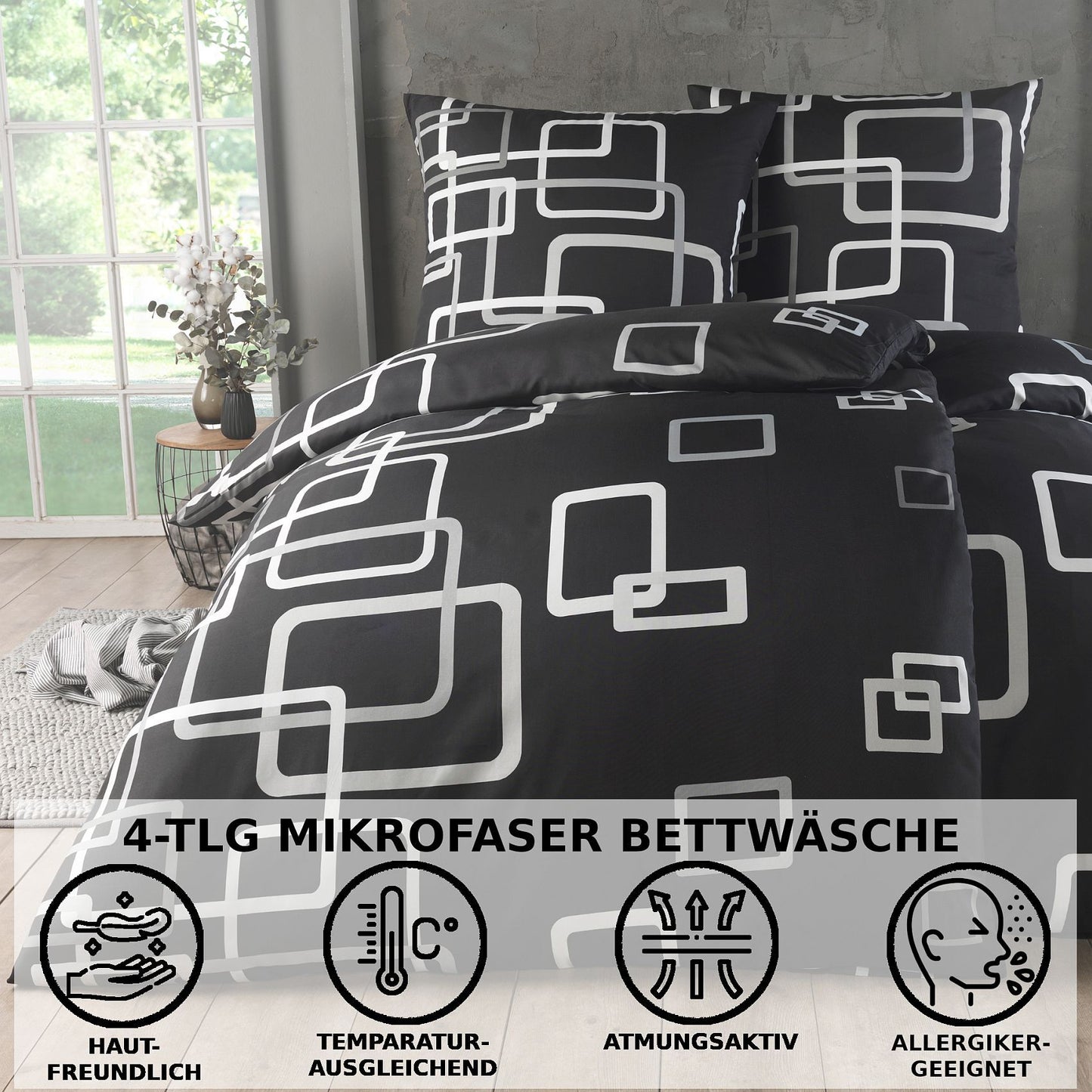 Bettwäsche-Set 135x200 4-teilig – Allergikerfreundlich – Spannbettlaken 135x200 & Kissenbezug 80x80 | Modern & Hochwertig