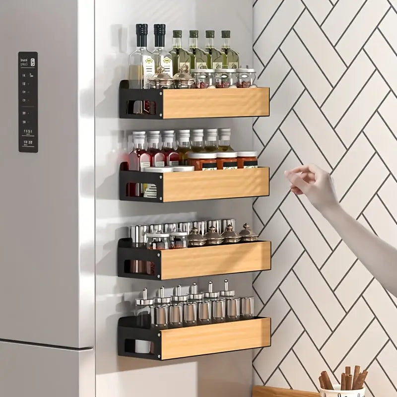 Modern wandregal magnetisches kühlschrank-gewürzregal aus gusseisen mit vier stufen in hellholz und schwarz online bestellen