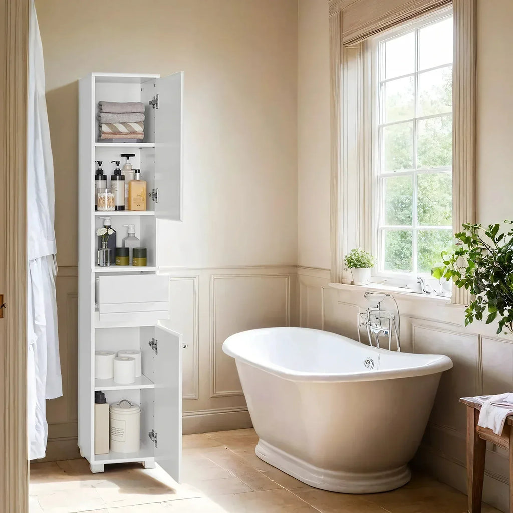 Badezimmerschrank 30x30x170 cm – Modernes Badmöbel mit Schublade, verstellbaren Regalen & offenem Fach - FUXLShop