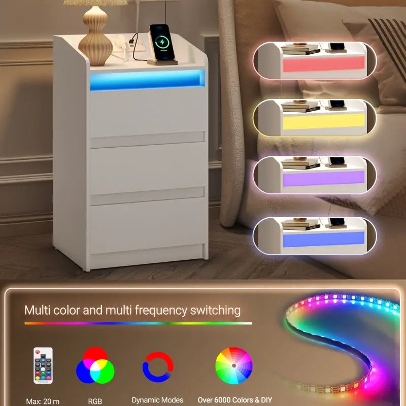 Weißer nachttisch 2er-set mit drei schubladen und led-beleuchtung zum online bestellen als praktische geschenkideen