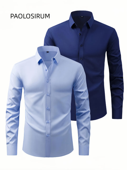 2er-Set Herren-Shirts – Einfarbig, elastisch, Ice-Silk-Stoff, atmungsaktiv & bequem, Business-Casual mit Zwei-in-Eins-Kragen, pflegeleicht
