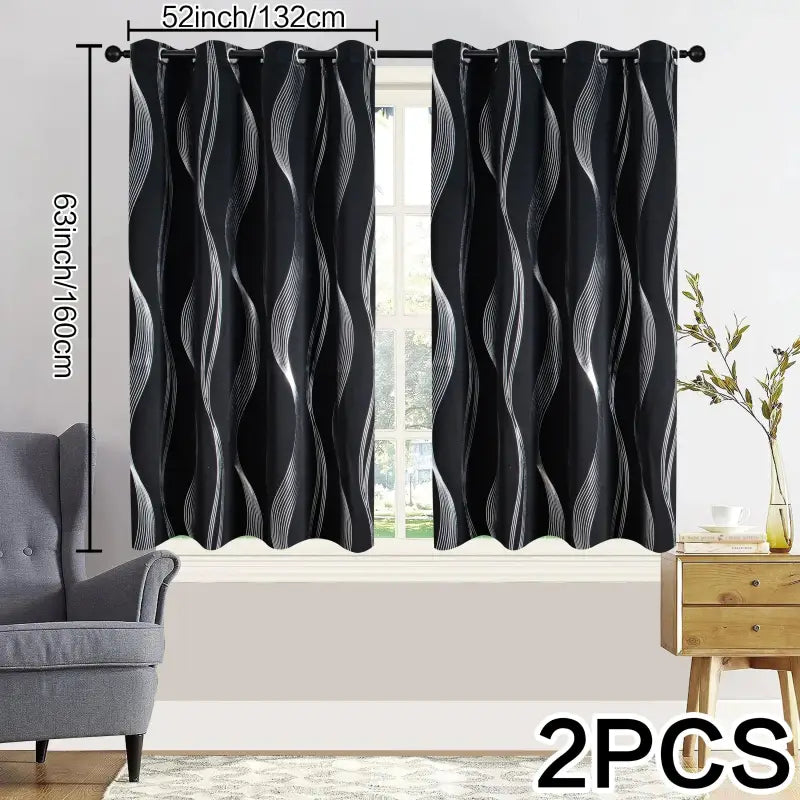 Schwarz-weiße verdunkelungsvorhänge 2er set mit geometrische wellen-muster silber, 213cm lang, 52x63 zoll