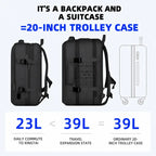Schwarzer reiserucksack 40x20x25 cm handgepäck erweiterbar airline-konform mit 20 zoll trolley und rucksackgurten rückseite