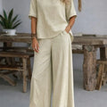 Creamfarbene leinen weite hose mit entspanntem schnitt im damen casual 2-teiliges set