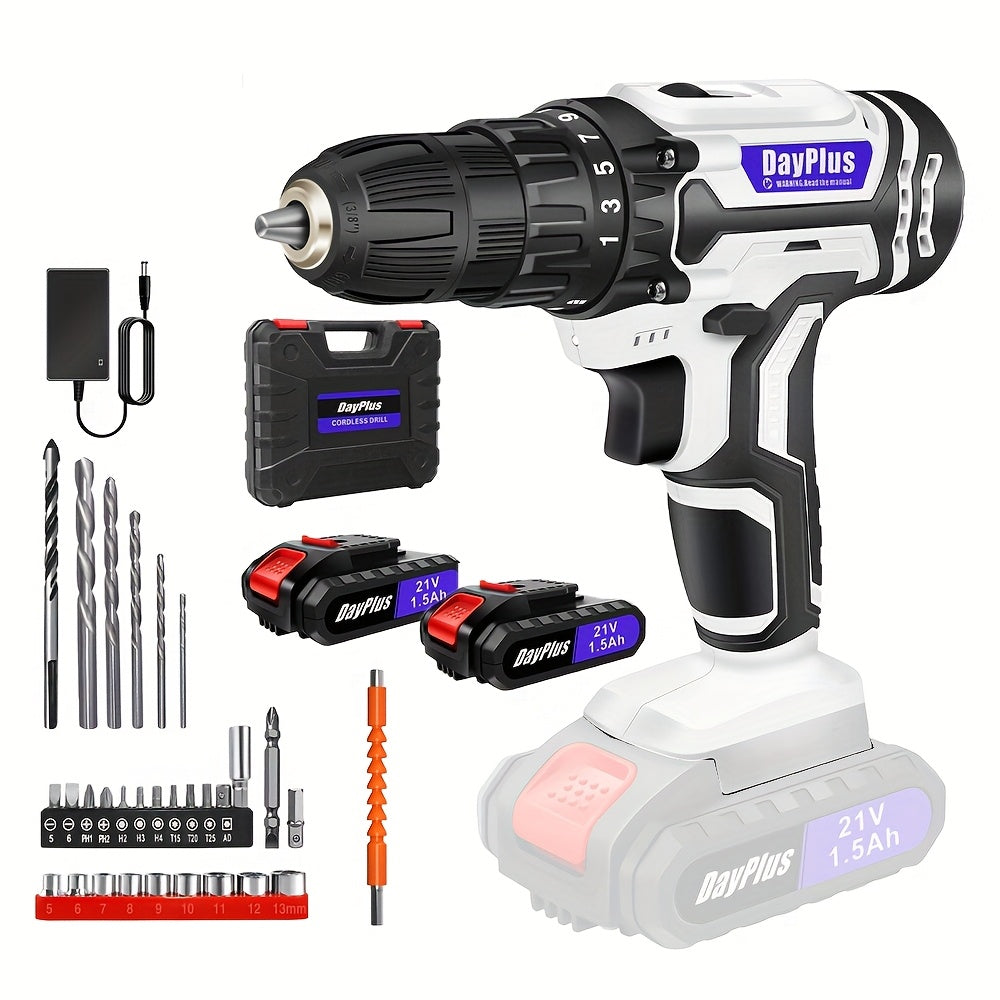 21V Akku-Bohrschrauber Set mit 2-Gang-Schaltung, 45Nm Drehmoment, LED, 25+1 Drehmomentstufen, 2 Akkus, Ladegerät, 29-teiliges Zubehör & Koffer