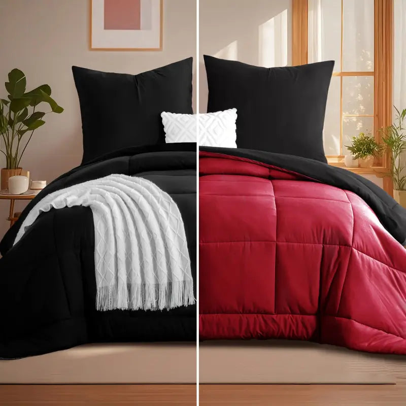 Wendbares steppdecken-set schwarz und rot mit passenden kissenbezügen und weißer strukturierter tagesdecke ideal zum online bestellen und als geschenkideen