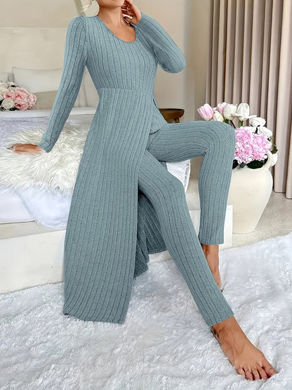 1 Clothes 1 Pants Casual Loose Long Sleeve Dress & Pants Set – Soft Fleece, 3D Stripe Design, hoher Schlitz, Crew Neck, bequem für Alltag & Zuhause