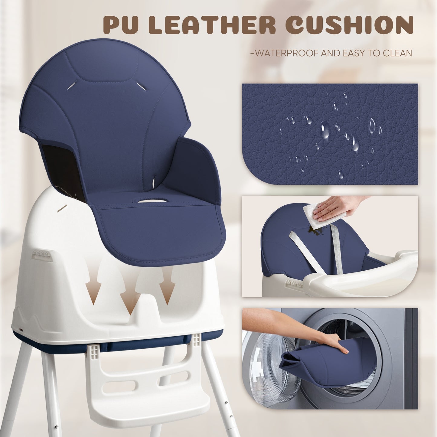 4-in-1 Baby-Hochstuhl mitwachsend - Verstellbar mit Sicherheitsgurt, Tablett & PU-Polster, Blau