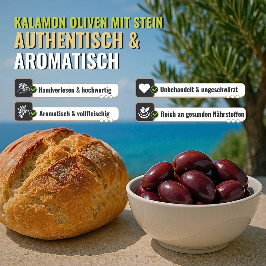 Kalamata Oliven mit Stein 4x 250g - Handverlesen aus Griechenland - Glutenfrei - FUXLShop