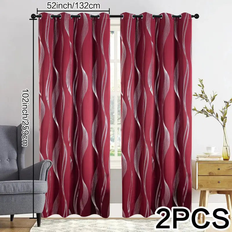 Verdunkelungsvorhänge 2er set 213cm lang in rot mit geometrischem wellen-muster silber und schwarzen ösen