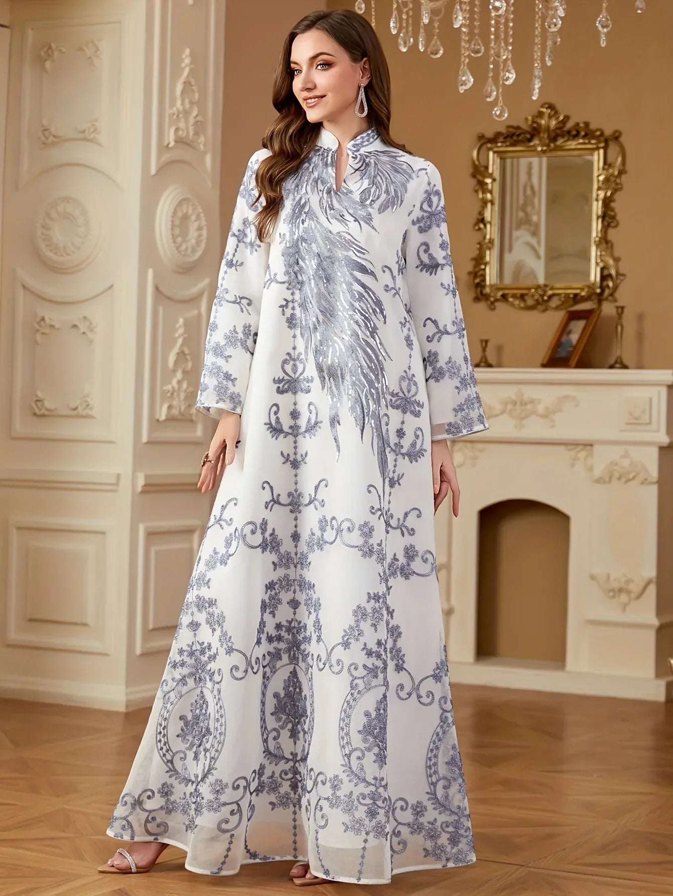 Elegantes Pailletten-Abendkleid mit Stehkragen - Langarm Maxi-Kleid für festliche Anlässe - FUXLShop